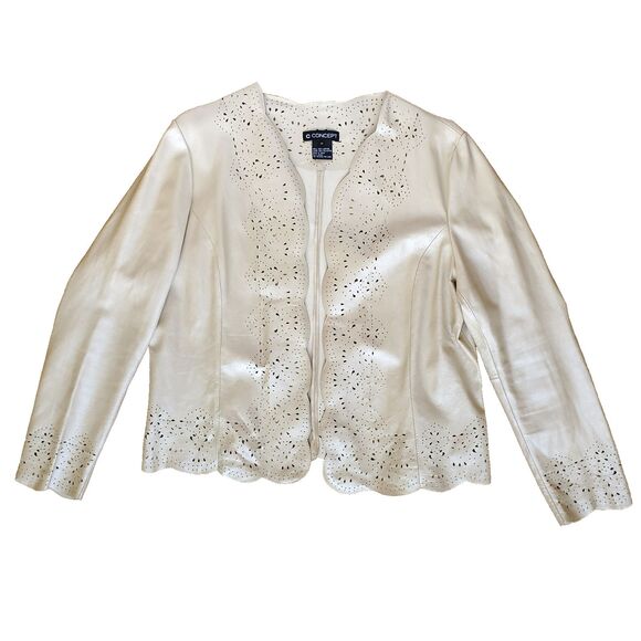 C Concept Laser Cut Leather Jacket Size 14 Vintage Boho Western Tan Beige Gold - Picture 6 of 16